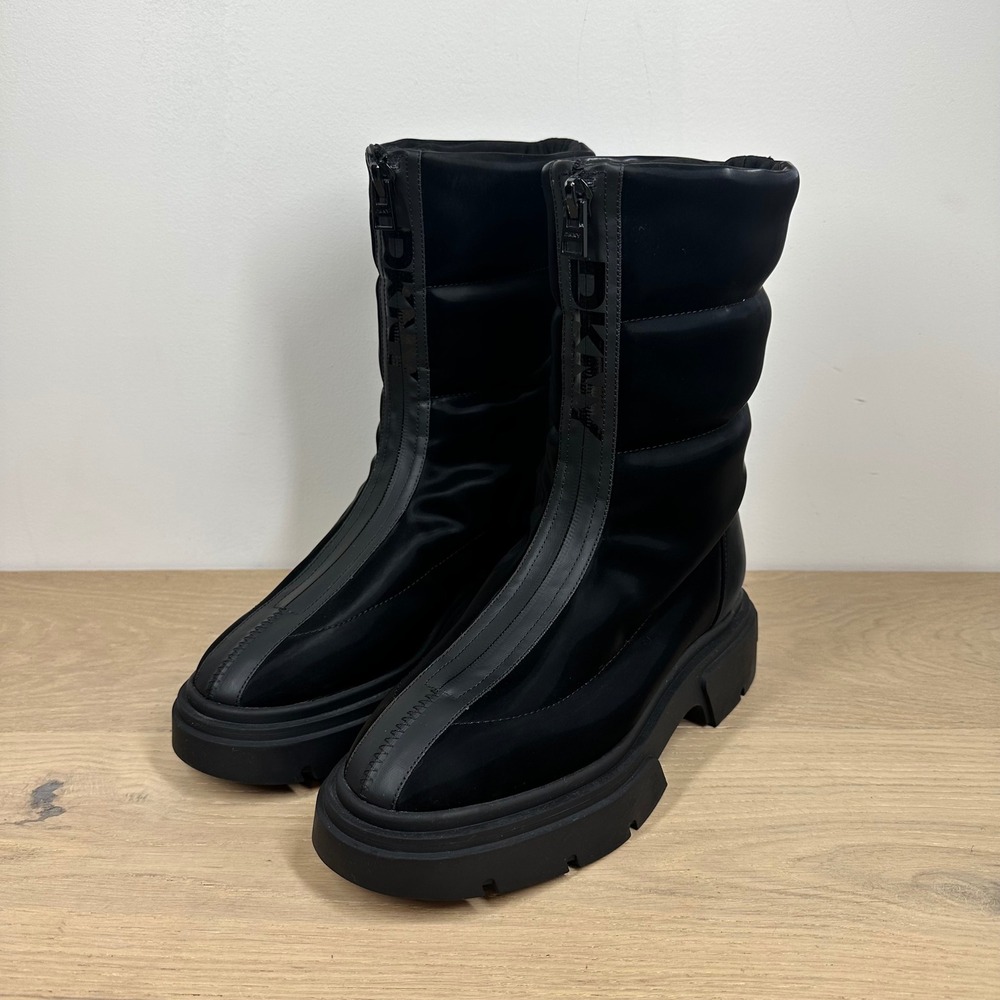 DKNY Boots Women 8 Black Puffer Mid Calf Front Zip Lug Sole Platform Moto